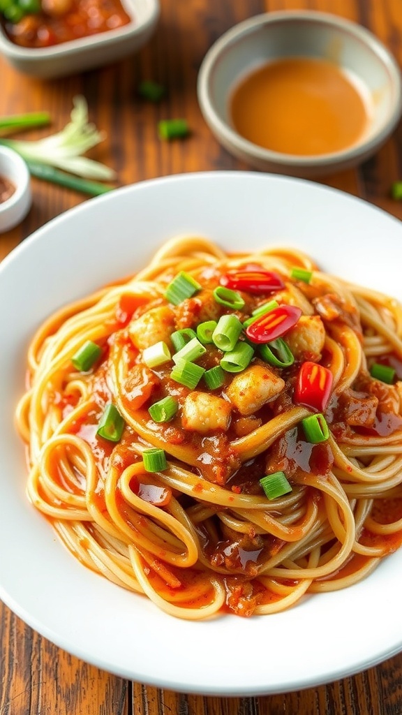 A delicious plate of noodles with hairy crab sauce, garnished with scallions and chili flakes.